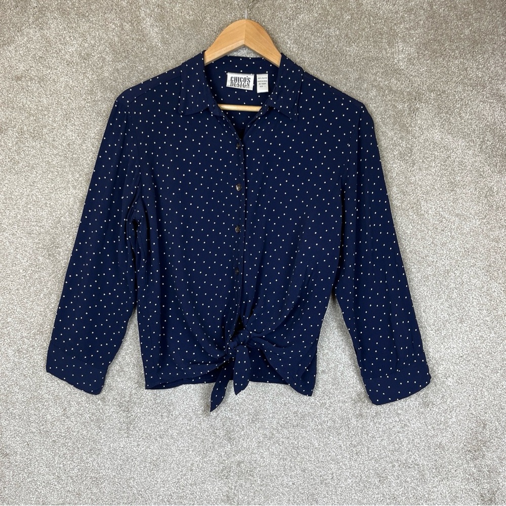 Chico’s Design Shirt Womens 1 Blue Polka Dot Rayon Long Sleeve Button- 1127*